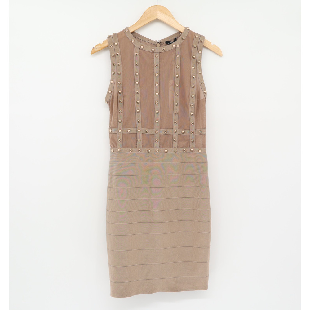 WOW Couture Bodycon Gold Studs Bandage Cocktail Party Sand Dress Sz L NWT